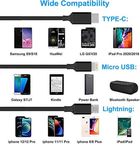 كابل شحن USB عالمي متعدد 3 في 1، محول سلك شحن مجدول من النايلون 3M/10FT مع موصلات Lightning+Type-C+Micro USB لأجهزة Android/iPhone/Apple/iOS/Samsung/Pad Pro/XiaoMi/Huawei (أسود) in Saudi Arabia