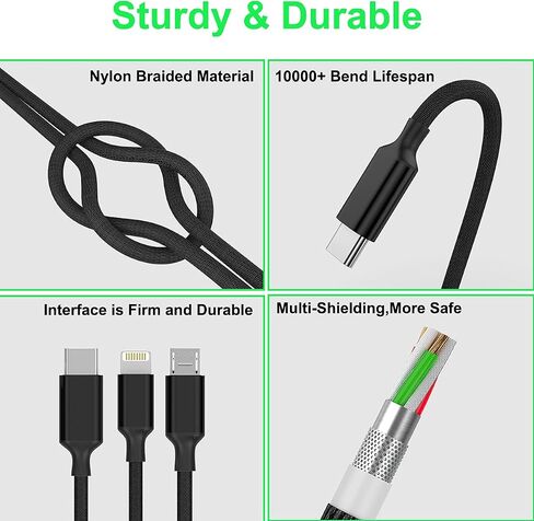 كابل شحن USB عالمي متعدد 3 في 1، محول سلك شحن مجدول من النايلون 3M/10FT مع موصلات Lightning+Type-C+Micro USB لأجهزة Android/iPhone/Apple/iOS/Samsung/Pad Pro/XiaoMi/Huawei (أسود) in Saudi Arabia