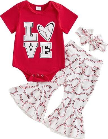 Lesimsam Newborn Baby Girl Baseball Outfit Love Short Sleeve Romper Flared Pants Headband Set 3Pcs Summer Outfits in Saudi Arabia