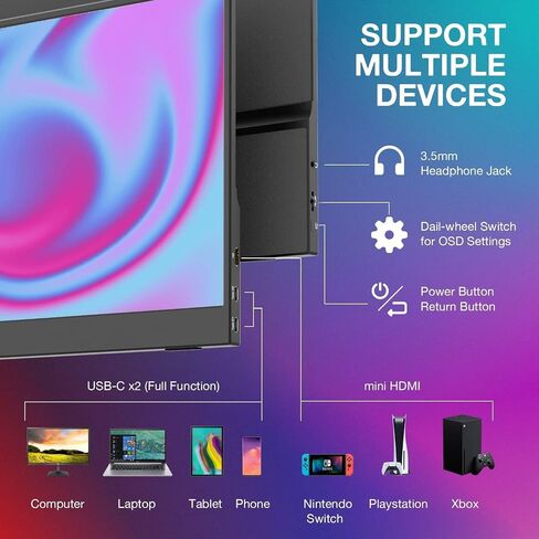 شاشة محمولة، 15.6 بوصة 1080 بيكسل للكمبيوتر المحمول، موسع شاشة HDMI USB-C للسفر HDR لعرض أجهزة الكمبيوتر الشخصية وأجهزة Mac والهواتف PS5 Xbox Switch مع غطاء ذكي in Saudi Arabia