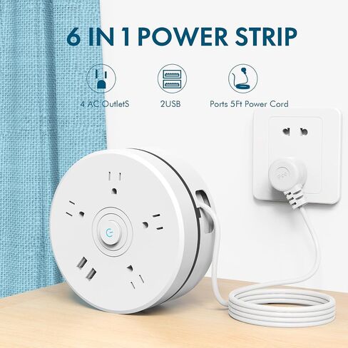 شريط طاقة بقابس مسطح بطول 5 أقدام مع USB، سلك تمديد قابل للسحب مع 4 منافذ موسع ومنفذين USB، شريط طاقة محمول للسفر/المنزل/المكتب، أبيض in Saudi Arabia