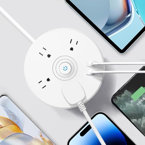 شريط طاقة بقابس مسطح بطول 5 أقدام مع USB، سلك تمديد قابل للسحب مع 4 منافذ موسع ومنفذين USB، شريط طاقة محمول للسفر/المنزل/المكتب، أبيض in Saudi Arabia