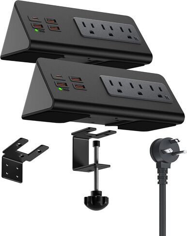 Power charge station Edge clamp Mount with USB-C ports，Tabletop Surge Protector, Desk Clamp Power Sockets with 3 AC Outlets and 4 Fast Charging USB Ports for Home Office Hotel and Dormitory (Black) in Saudi Arabia