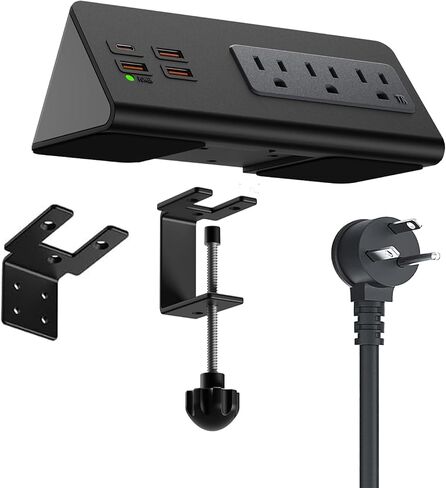 Power charge station Edge clamp Mount with USB-C ports，Tabletop Surge Protector, Desk Clamp Power Sockets with 3 AC Outlets and 4 Fast Charging USB Ports for Home Office Hotel and Dormitory (Black) in Saudi Arabia