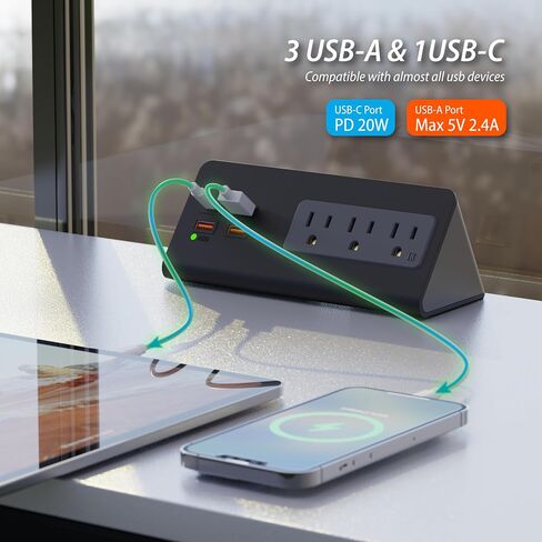 Power charge station Edge clamp Mount with USB-C ports，Tabletop Surge Protector, Desk Clamp Power Sockets with 3 AC Outlets and 4 Fast Charging USB Ports for Home Office Hotel and Dormitory (Black) in Saudi Arabia