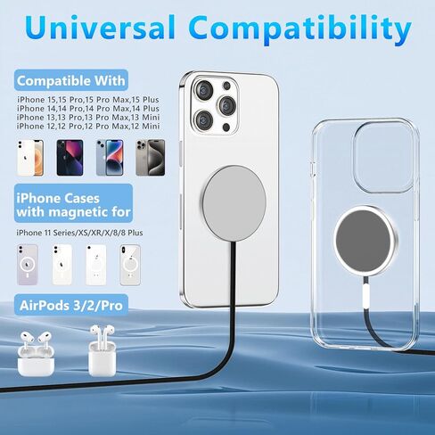 شاحن لاسلكي مغناطيسي لهاتف iPhone 15، شاحن لاسلكي 15 وات كحد أقصى لهاتف iPhone، وسادة شحن سريعة، شاحن آمن مع شاحن حائط USB C 20 وات لهاتف iPhone 15/15 Plus/15 Pro/15 Pro Max/14/13/12/AirPods 3 2 Pro in Kuwait