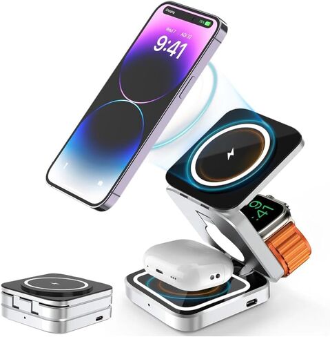 محطة شحن لاسلكية 3 في 1 لأجهزة iPhone، شاحن لاسلكي مغناطيسي قابل للتعديل، حامل شحن قابل للطي أثناء السفر لأجهزة متعددة لأجهزة iPhone 15/14/13/12، AirPods. مخرج 2.5 واط/5 واط/7.5 واط/10 واط/15 واط. in Saudi Arabia