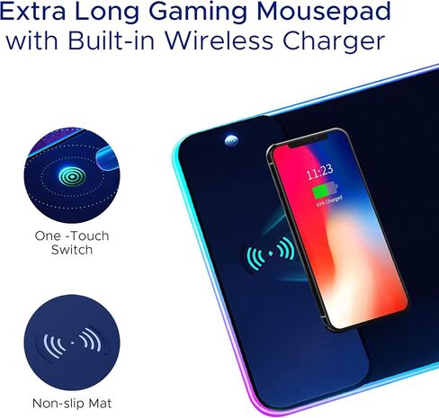 لوحة ماوس شحن لاسلكية - لوحة ماوس ألعاب شحن لاسلكي مقاس 12 بوصة × 35.5 بوصة لهاتف iPhone 15/15 Pro Max/15 Plus iPhone 14/13/12/11 - حصيرة مكتب شحن لاسلكي مع 10 ألوان إضاءة خلفية للاعبين in Saudi Arabia
