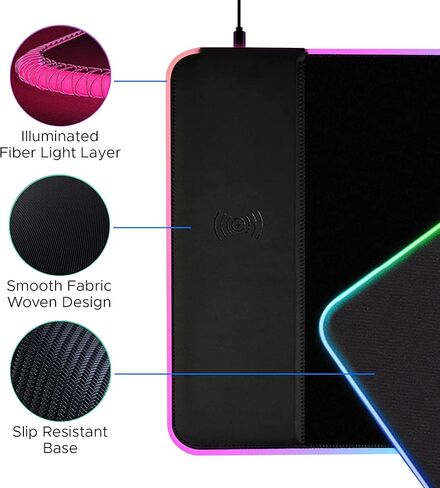 لوحة ماوس شحن لاسلكية - لوحة ماوس ألعاب شحن لاسلكي مقاس 12 بوصة × 35.5 بوصة لهاتف iPhone 15/15 Pro Max/15 Plus iPhone 14/13/12/11 - حصيرة مكتب شحن لاسلكي مع 10 ألوان إضاءة خلفية للاعبين in Saudi Arabia