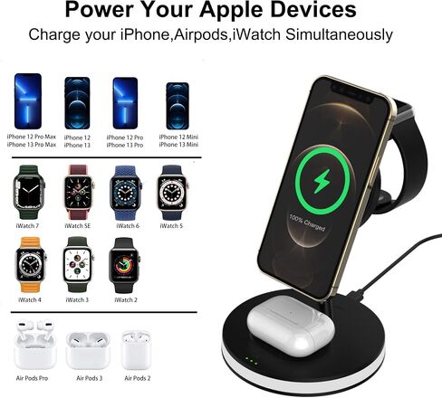 شاحن لاسلكي مغناطيسي 4 في 1، محطة شحن سريعة بقوة 15 وات معتمدة من Qi مع ضوء LED ومنفذ USB-A لحامل شاحن Magsafe iPhone 14,13,12 Pro Max/Pro/Mini/Plus، AppleWatch، AirPods in Saudi Arabia