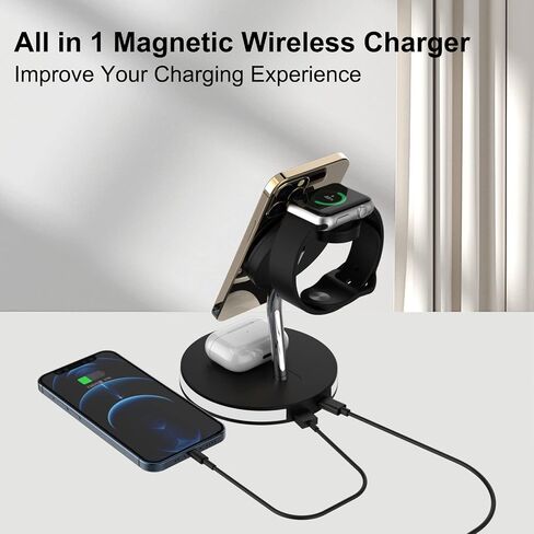 شاحن لاسلكي مغناطيسي 4 في 1، محطة شحن سريعة بقوة 15 وات معتمدة من Qi مع ضوء LED ومنفذ USB-A لحامل شاحن Magsafe iPhone 14,13,12 Pro Max/Pro/Mini/Plus، AppleWatch، AirPods in Saudi Arabia