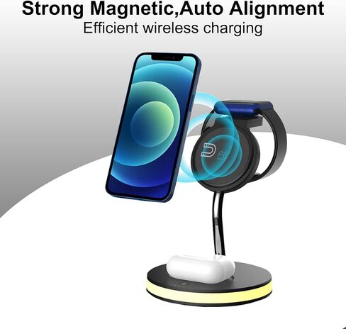 شاحن لاسلكي مغناطيسي 4 في 1، محطة شحن سريعة بقوة 15 وات معتمدة من Qi مع ضوء LED ومنفذ USB-A لحامل شاحن Magsafe iPhone 14,13,12 Pro Max/Pro/Mini/Plus، AppleWatch، AirPods in Saudi Arabia
