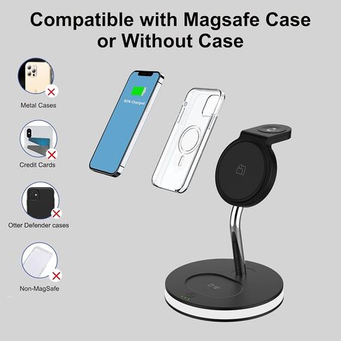 شاحن لاسلكي مغناطيسي 4 في 1، محطة شحن سريعة بقوة 15 وات معتمدة من Qi مع ضوء LED ومنفذ USB-A لحامل شاحن Magsafe iPhone 14,13,12 Pro Max/Pro/Mini/Plus، AppleWatch، AirPods in Saudi Arabia