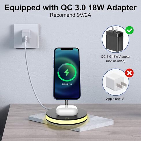 شاحن لاسلكي مغناطيسي 4 في 1، محطة شحن سريعة بقوة 15 وات معتمدة من Qi مع ضوء LED ومنفذ USB-A لحامل شاحن Magsafe iPhone 14,13,12 Pro Max/Pro/Mini/Plus، AppleWatch، AirPods in Saudi Arabia