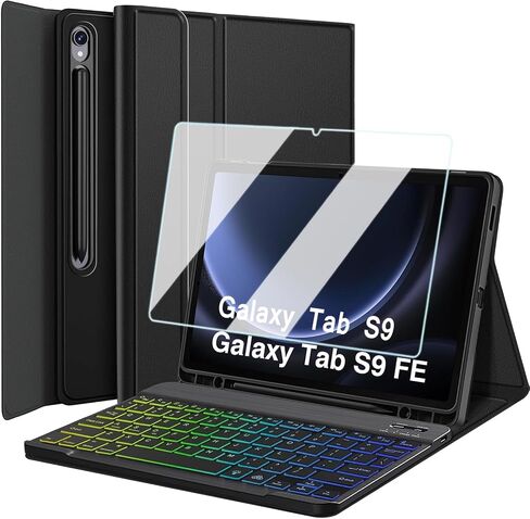 Keyboard Case for Samsung Galaxy Tab S9 FE 5G 10.9 Inch/S9 11 Inch 2023 with S Pen Holder, 7 Color Rainbow Backlight Detachable Bluetooth Keyboard Cover with HD Screen Protector (S9 FE/S9) in Saudi Arabia