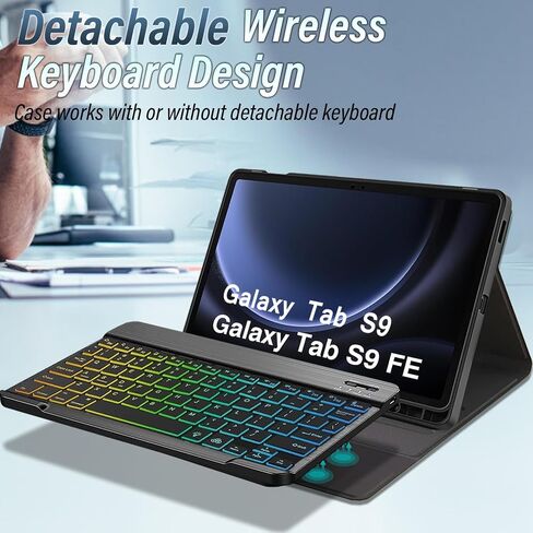Keyboard Case for Samsung Galaxy Tab S9 FE 5G 10.9 Inch/S9 11 Inch 2023 with S Pen Holder, 7 Color Rainbow Backlight Detachable Bluetooth Keyboard Cover with HD Screen Protector (S9 FE/S9) in Saudi Arabia