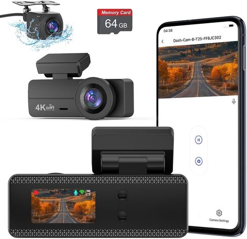 كاميرا Dash Cam 4K أمامية وخلفية 1080P، كاميرا داش مزدوجة للسيارات مدمجة في WiFi، شاشة 1.47 بوصة كاميرا مزدوجة مع بطاقة 64 جيجابايت، كاميرا سيارة مع التحكم في التطبيق، شاشة وقوف السيارات 24 ساعة، مستشعر G in Kuwait