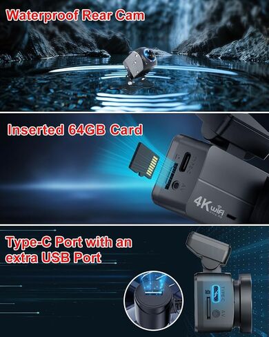 كاميرا Dash Cam 4K أمامية وخلفية 1080P، كاميرا داش مزدوجة للسيارات مدمجة في WiFi، شاشة 1.47 بوصة كاميرا مزدوجة مع بطاقة 64 جيجابايت، كاميرا سيارة مع التحكم في التطبيق، شاشة وقوف السيارات 24 ساعة، مستشعر G in Kuwait