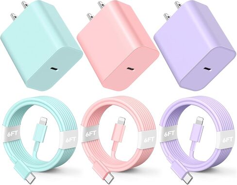 لشاحن الهاتف للشحن السريع، كتلة شاحن حائط USB C بقدرة 20 وات PD مع 3 عبوات بطول 6 أقدام من النوع C إلى كابل الإضاءة متوافق مع i.Phone 14/13/12 Pro Max/11/XS/XR/X/8/Plus in Kuwait