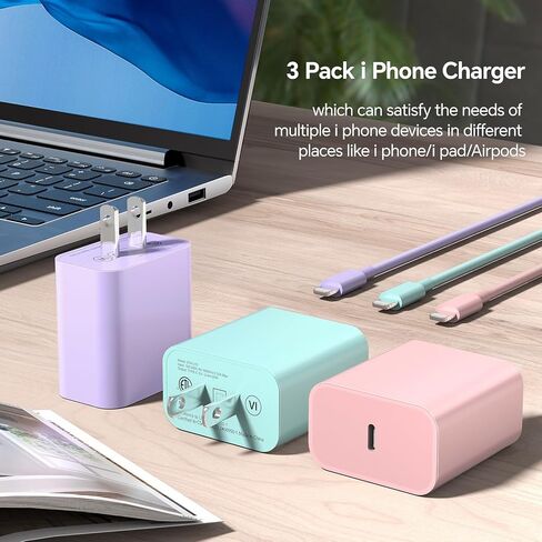 لشاحن الهاتف للشحن السريع، كتلة شاحن حائط USB C بقدرة 20 وات PD مع 3 عبوات بطول 6 أقدام من النوع C إلى كابل الإضاءة متوافق مع i.Phone 14/13/12 Pro Max/11/XS/XR/X/8/Plus in Kuwait