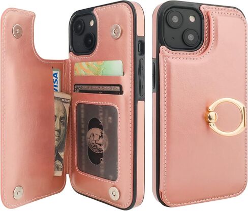 for iPhone 15 Wallet Case with Card Holder, 360° Rotation Ring Kickstand RFID Blocking PU Leather Double Magnetic Clasp Shockproof Cover for Women and Girls 6.1 Inch (Black) in Kuwait