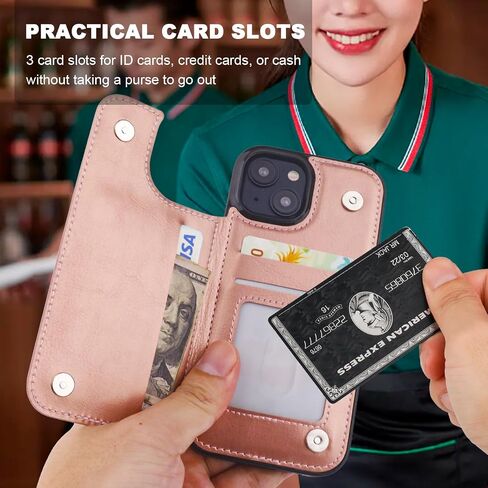 for iPhone 15 Wallet Case with Card Holder, 360° Rotation Ring Kickstand RFID Blocking PU Leather Double Magnetic Clasp Shockproof Cover for Women and Girls 6.1 Inch (Black) in Kuwait
