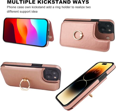 for iPhone 15 Wallet Case with Card Holder, 360° Rotation Ring Kickstand RFID Blocking PU Leather Double Magnetic Clasp Shockproof Cover for Women and Girls 6.1 Inch (Black) in Kuwait