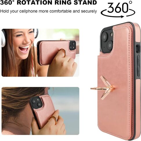 for iPhone 15 Wallet Case with Card Holder, 360° Rotation Ring Kickstand RFID Blocking PU Leather Double Magnetic Clasp Shockproof Cover for Women and Girls 6.1 Inch (Black) in Kuwait