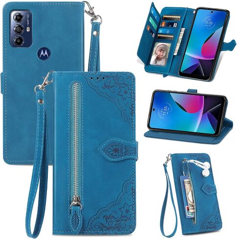 for Moto G Pure/G Power 2022/G Play 2023 Wallet Case, Luxury PU Leather Wrist Strap Zipper Flip Case with Credit Card Holder Magnetic Closure Kickstand Shockproof Protective Cover, Blue in Saudi Arabia