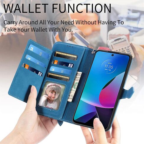 for Moto G Pure/G Power 2022/G Play 2023 Wallet Case, Luxury PU Leather Wrist Strap Zipper Flip Case with Credit Card Holder Magnetic Closure Kickstand Shockproof Protective Cover, Blue in Saudi Arabia