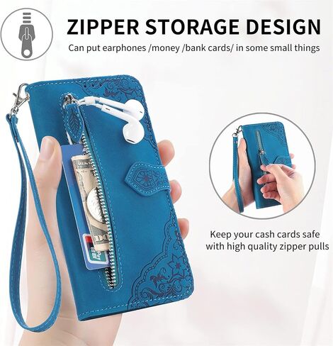 for Moto G Pure/G Power 2022/G Play 2023 Wallet Case, Luxury PU Leather Wrist Strap Zipper Flip Case with Credit Card Holder Magnetic Closure Kickstand Shockproof Protective Cover, Blue in Saudi Arabia