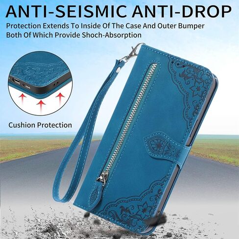 for Moto G Pure/G Power 2022/G Play 2023 Wallet Case, Luxury PU Leather Wrist Strap Zipper Flip Case with Credit Card Holder Magnetic Closure Kickstand Shockproof Protective Cover, Blue in Saudi Arabia