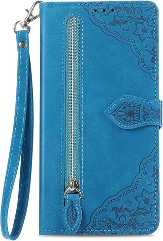 for Moto G Pure/G Power 2022/G Play 2023 Wallet Case, Luxury PU Leather Wrist Strap Zipper Flip Case with Credit Card Holder Magnetic Closure Kickstand Shockproof Protective Cover, Blue in Saudi Arabia