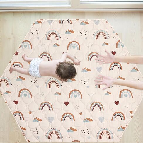 Hexagon Playpen Mat 52x48 Fits Regalo Play Yard 48 Inch 6-Panel and Hiccapop 53" Playpen, Non-Slip Baby Play Mat, Crawling Mat for Floor, Washable Pack 'N Play Mattress Pad Boho Rainbow (53 inch) in Saudi Arabia