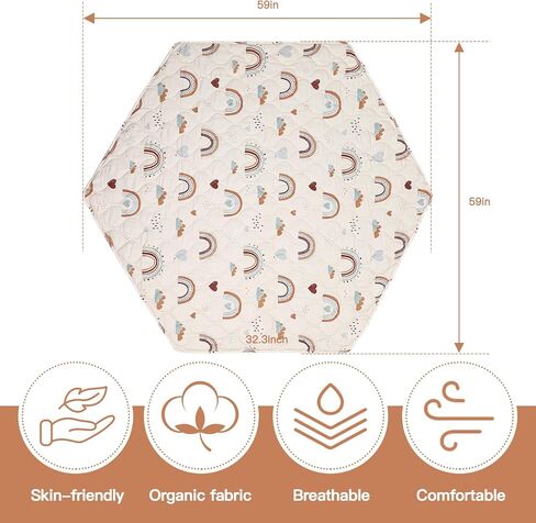 Hexagon Playpen Mat 52x48 Fits Regalo Play Yard 48 Inch 6-Panel and Hiccapop 53" Playpen, Non-Slip Baby Play Mat, Crawling Mat for Floor, Washable Pack 'N Play Mattress Pad Boho Rainbow (53 inch) in Saudi Arabia