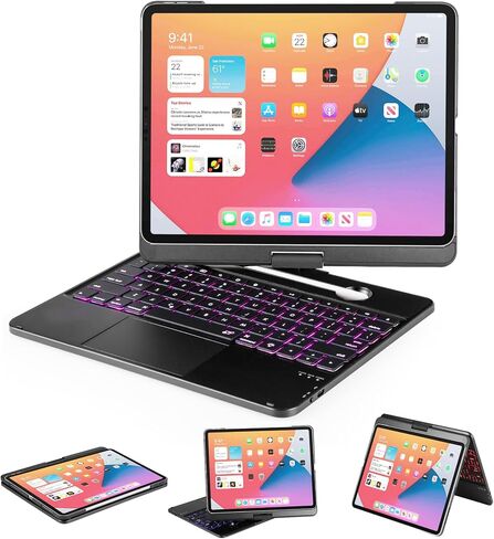 حافظة لوحة مفاتيح لجهاز iPad Pro 12.9 2022 الجيل السادس 7 لوحة تتبع بإضاءة خلفية ملونة، مناسبة لجهاز iPad Pro الجيل الخامس 2021/4th 2020/3rd 2018 غطاء لاسلكي 360 درجة غطاء قابل للدوران متعدد اللمس in Kuwait