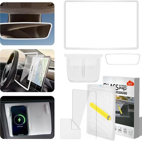 Tesla Model Y /3 Screen Protector with Frame and Rear View Mirror Frame, Tesla Model Y /3 Center Console Silicone Pad for Model Y(2020-2024) Model 3(2017-2023) (White) in Saudi Arabia