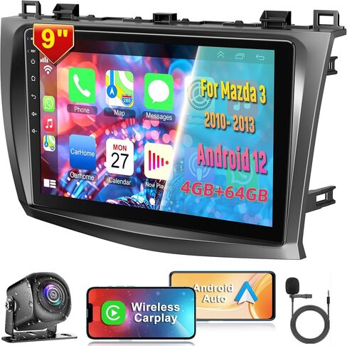 راديو ستيريو للسيارة 4G+64G لـ 2010 2011 2012 2013 Mazda 3، 9 بوصة Android 12 شاشة تعمل باللمس مع CarPlay اللاسلكي، Android Auto، GPS Navi، 5G WiFi، Bluetooth 5.2، كاميرا خلفية عالية الدقة، SWC، راديو FM in Saudi Arabia