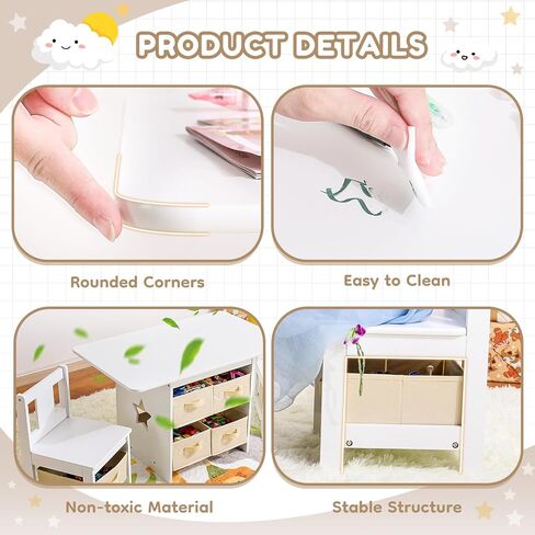 طقم طاولة وكراسي للأطفال (كرسيان متضمنان)، طقم طاولة وكراسي خشبية للأطفال الصغار مع 6 صناديق تخزين، أثاث للأطفال، مقاوم للماء، سهل التنظيف، هدية للأولاد والبنات، أبيض in Kuwait