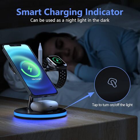 قاعدة شحن لاسلكية مغناطيسية KOOPAO 4 في 1 حامل شاحن سريع متوافق مع iPhone 15/14/13/12 Pro، Pro Max، Mini، iWatch 9/8/7/6/SE/5/4/3/2، AirPods 3 /2/ برو، القلم الرصاص الأول in Kuwait