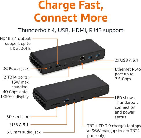 Amazon Basics Thunderbolt4/USB4 Docking Station, 3X Downstream TBT4 (Dual Display), 1xUSB A 3.1, Black, ‎4.76 x 2.84 x 0.86 inches in Saudi Arabia
