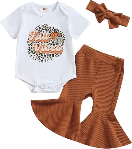 Toddler Girl Halloween Clothes Set Funny Pumpkin Letter Bodysuit Romper+Ribbed Flare Pants Trendy Fall 3Pcs Outfit in Kuwait