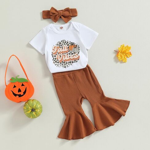 Toddler Girl Halloween Clothes Set Funny Pumpkin Letter Bodysuit Romper+Ribbed Flare Pants Trendy Fall 3Pcs Outfit in Kuwait
