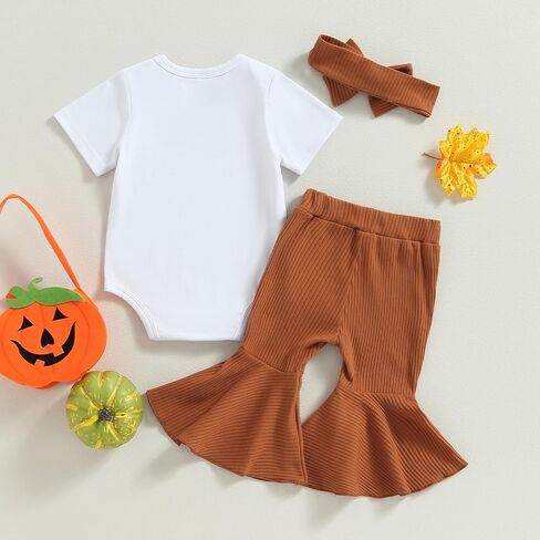 Toddler Girl Halloween Clothes Set Funny Pumpkin Letter Bodysuit Romper+Ribbed Flare Pants Trendy Fall 3Pcs Outfit in Kuwait