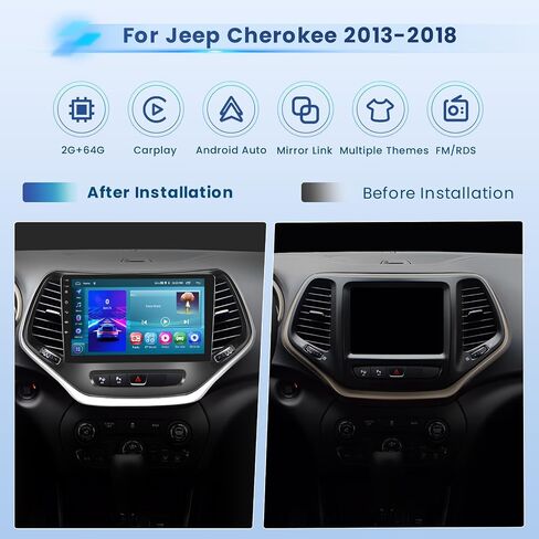 راديو ستيريو للسيارة 2+64G Android 13 CarPlay لسيارة جيب شيروكي 2013-2018، شاشة لمس عالية الدقة 10.1 بوصة متوافقة مع Android Auto، كاميرا احتياطية AHD، وصلة مرآة، GPS، WiFi، FM RDS in Saudi Arabia