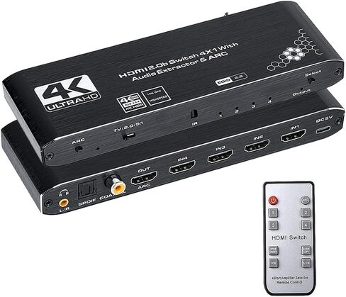 HDMI Switch 4x1 with Optical SPDIF/Coaxial/ 3.5mm L/R Audio Extractor, 4 in 1 Out 4K@60Hz HDMI Switcher Support HDMI 2.0b HDCP 2.2, ARC function for Xbox, PS4,Blu-Ray Player (with Remote Control) in Kuwait