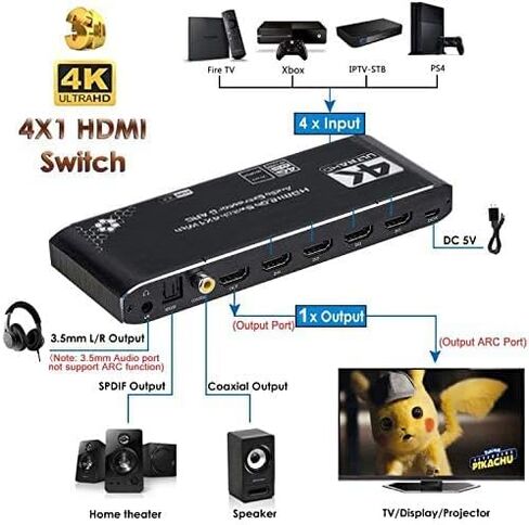 HDMI Switch 4x1 with Optical SPDIF/Coaxial/ 3.5mm L/R Audio Extractor, 4 in 1 Out 4K@60Hz HDMI Switcher Support HDMI 2.0b HDCP 2.2, ARC function for Xbox, PS4,Blu-Ray Player (with Remote Control) in Kuwait