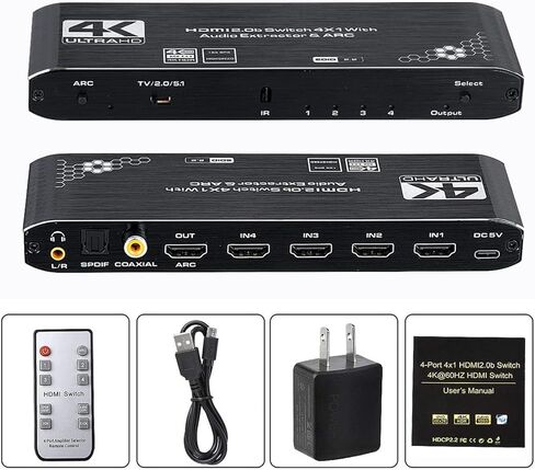 HDMI Switch 4x1 with Optical SPDIF/Coaxial/ 3.5mm L/R Audio Extractor, 4 in 1 Out 4K@60Hz HDMI Switcher Support HDMI 2.0b HDCP 2.2, ARC function for Xbox, PS4,Blu-Ray Player (with Remote Control) in Kuwait