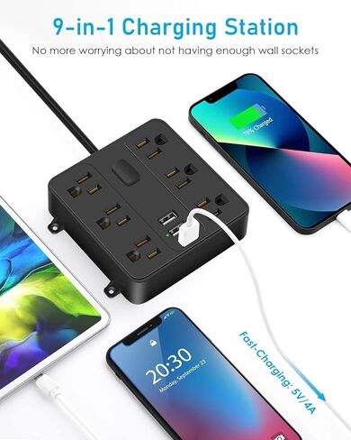 Flat Plug Power Strip- 6 Widely Outlets and 3 USB Charging Ports, 6ft Extension Cord with Multi Plug Outlet Extender,Wall Mount, Desk USB Charging Station for Home Office Dorm Room Essentials in Saudi Arabia