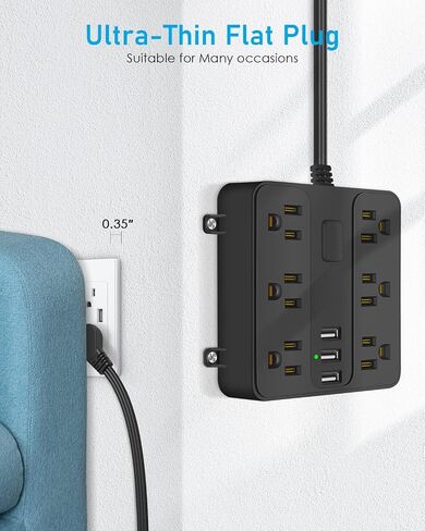 Flat Plug Power Strip- 6 Widely Outlets and 3 USB Charging Ports, 6ft Extension Cord with Multi Plug Outlet Extender,Wall Mount, Desk USB Charging Station for Home Office Dorm Room Essentials in Saudi Arabia